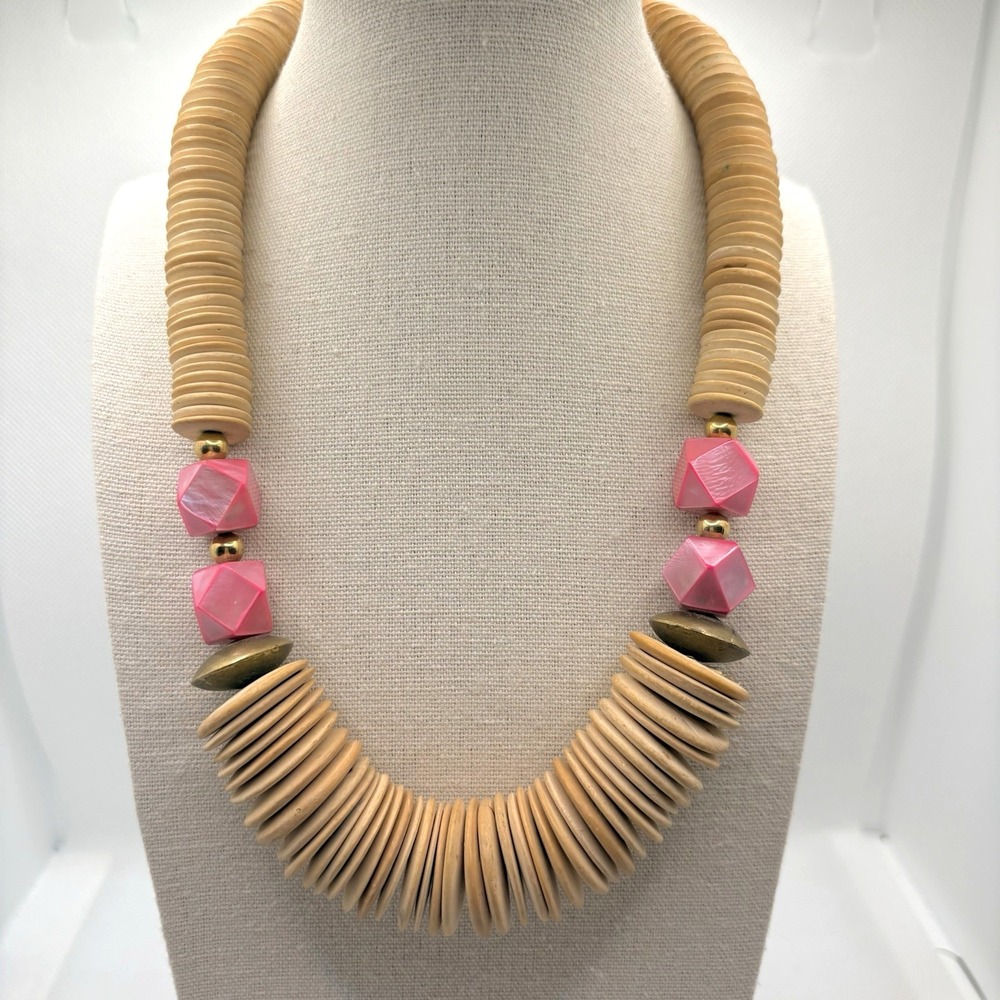Vintage Wooden Disc Chunky Necklace w/ Pink Acrylic Beads Gold Tone 19" Boho